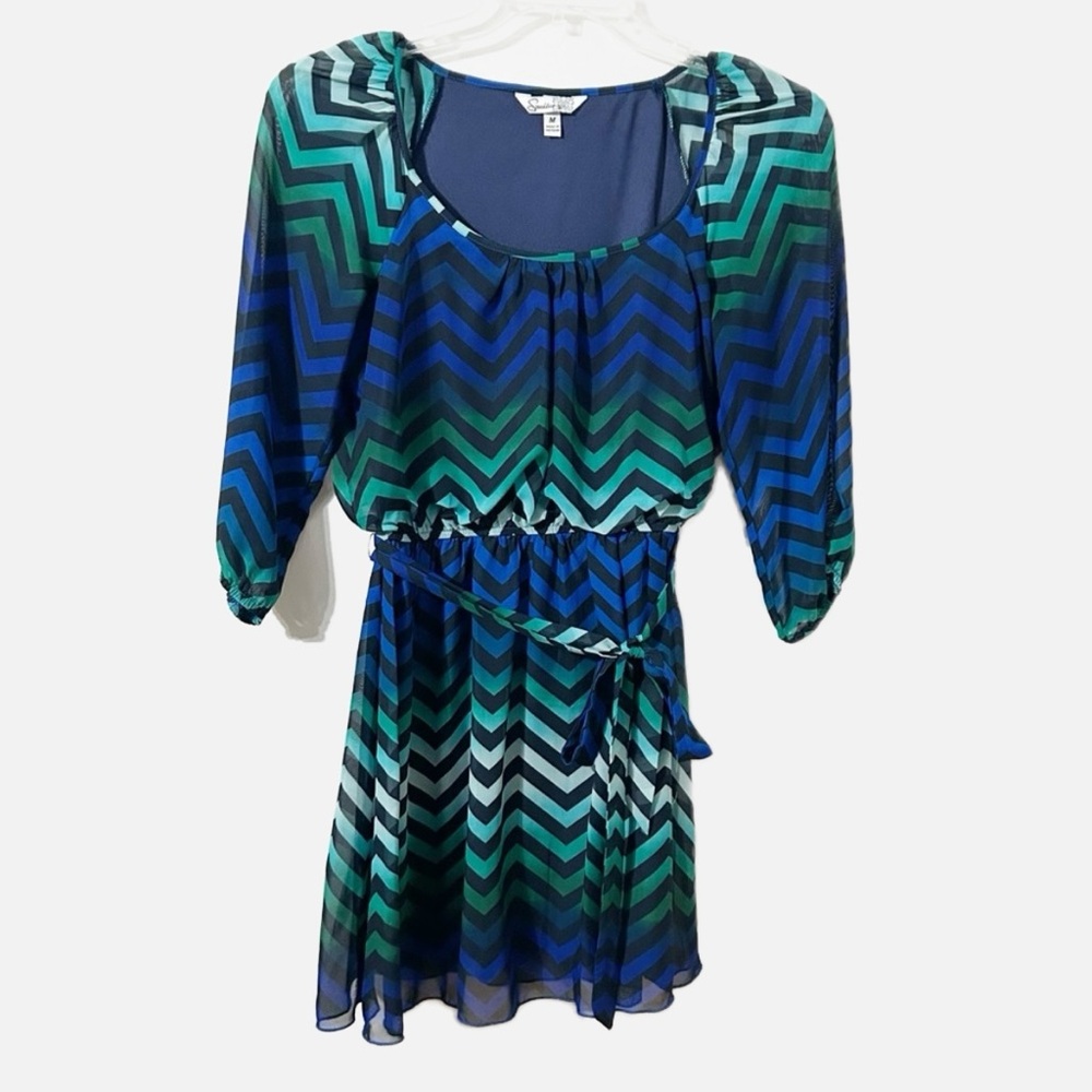 Speechless Chevron Pattern Mini Dress Elastic Waist Self-Tie Belt